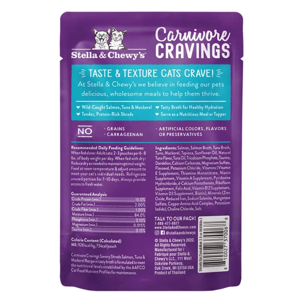 "4 FOR $13.60: Stella & Chewy's Carnivore Cravings Savory Shreds Salmon, Tuna & Mackerel In Broth Grain-Free Pouch Cat Food 2.8oz"