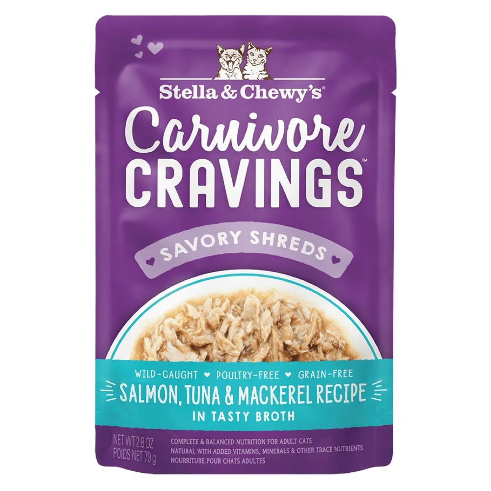 "4 FOR $13.60: Stella & Chewy's Carnivore Cravings Savory Shreds Salmon, Tuna & Mackerel In Broth Grain-Free Pouch Cat Food 2.8oz"