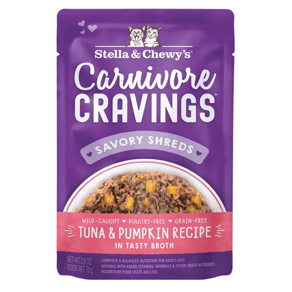 4 FOR $13.60: Stella & Chewy's Carnivore Cravings Savory Shreds Tuna & Pumpkin In Broth Grain-Free Pouch Cat Food 2.8oz