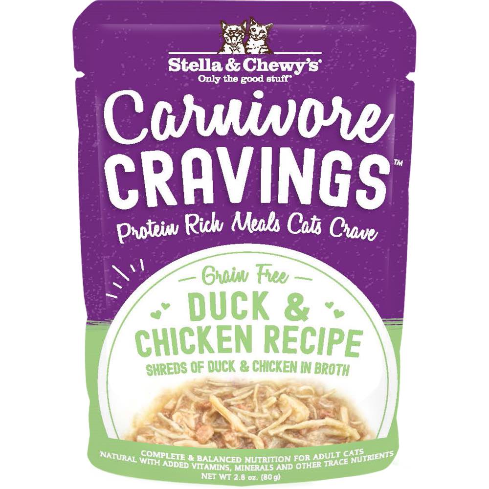 4 FOR $13.60: Stella & Chewy's Carnivore Cravings Savory Shreds Duck & Chicken In Broth Grain-Free Pouch Cat Food 2.8oz