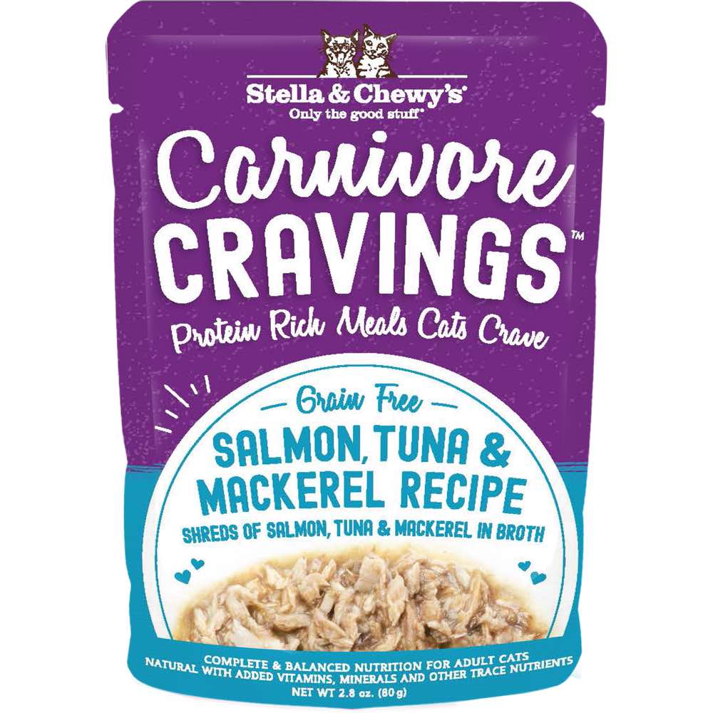 "4 FOR $13.60: Stella & Chewy's Carnivore Cravings Savory Shreds Salmon, Tuna & Mackerel In Broth Grain-Free Pouch Cat Food 2.8oz"