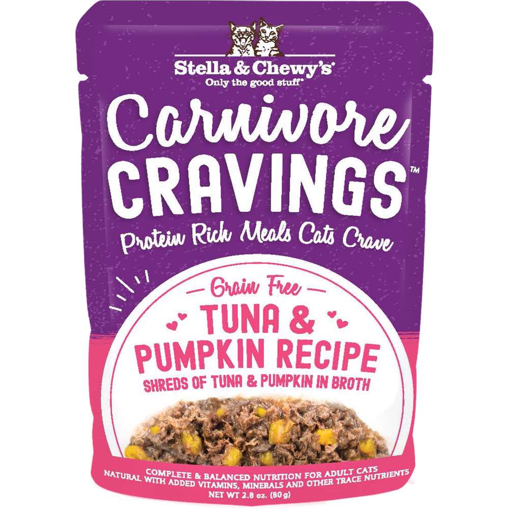 4 FOR $13.60: Stella & Chewy's Carnivore Cravings Savory Shreds Tuna & Pumpkin In Broth Grain-Free Pouch Cat Food 2.8oz
